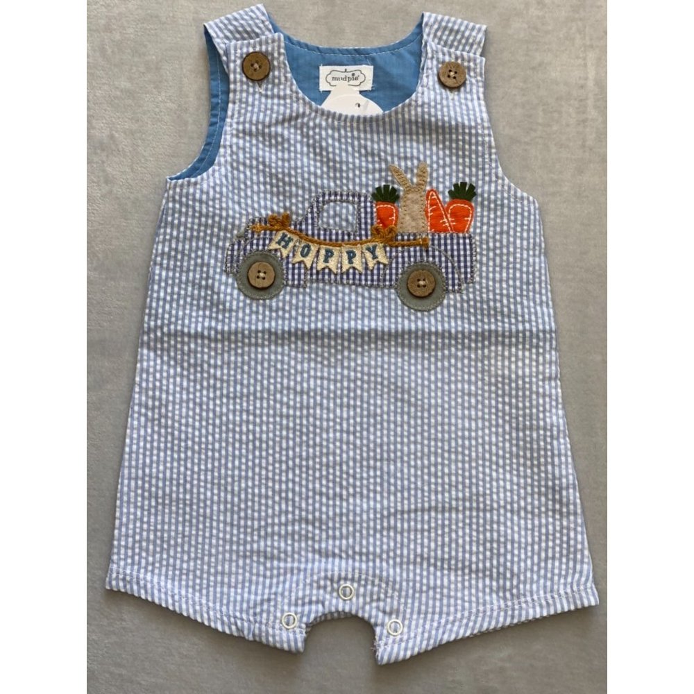 Mud Pie blue seersucker EASTER BUNNY TRUCK JON JON romper NEW 3-6m 6-9m NWT